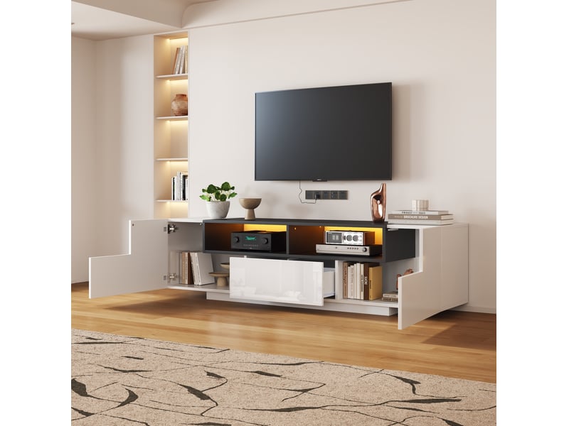  Meuble tv bas 180 x 40 x 48 cm led bluetooth, rangement et tiroir blanc et noir  - Conforama D