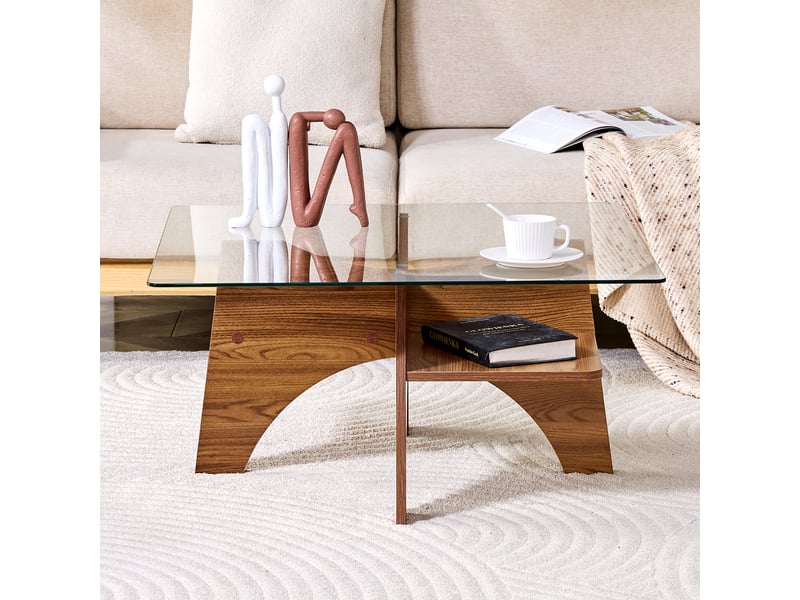  Table basse carrée avec tablette et plateau en verre trempé - lpospi - structure mdf décor noyer 80 × 80 × 40 cm  - Conforama C