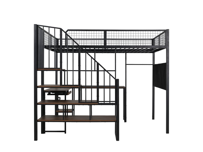  Lit mezzanine avec rangement, bureau et chargeur usb noir vintage  - Conforama R