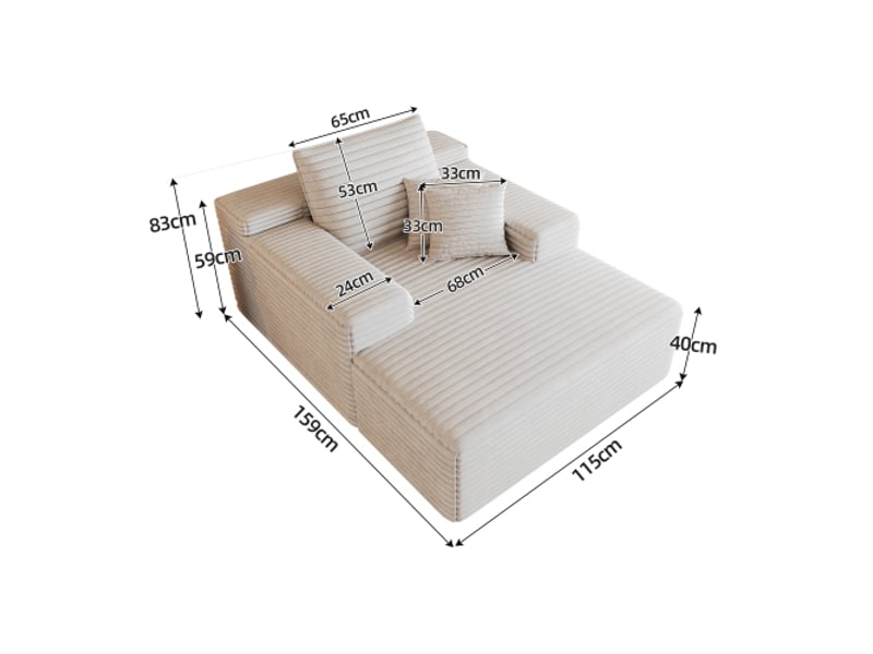 Canapé modulable velours côtelé blanc - 115×159 cm - assise profonde - méridienne - mousse - sans montage - Conforama C