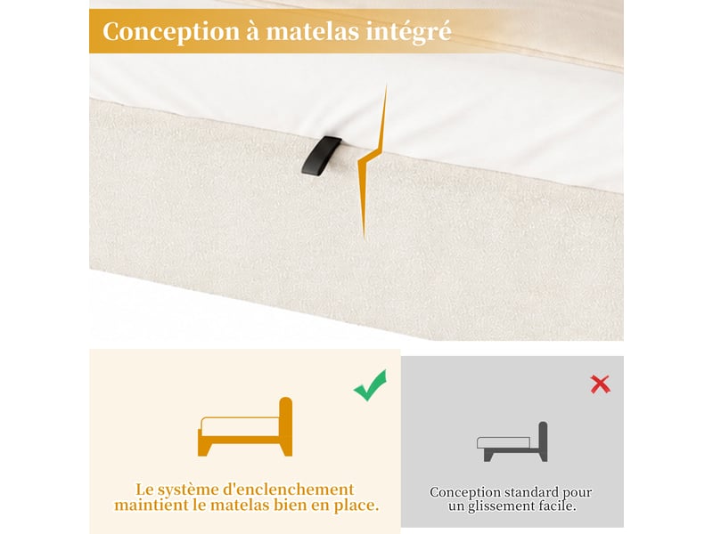  Lit simple 90x200 cm en bouclé beige, tête de lit enveloppante avec ailes rembourrées, lumière de nuit et ports usb et usb-c, sommier inclus  - Conforama E