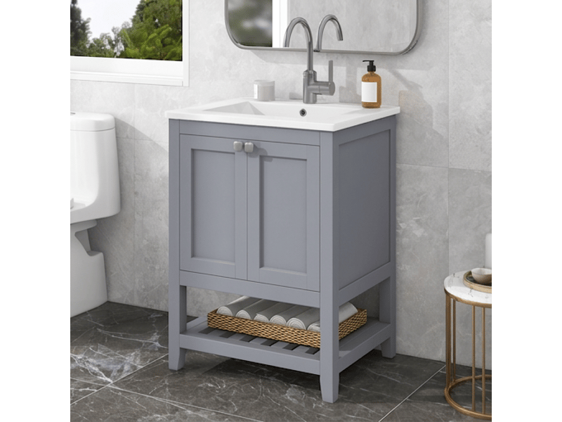 Meuble salle de bain 60 cm sur pied avec lavabo en céramique gris clair - Conforama C
