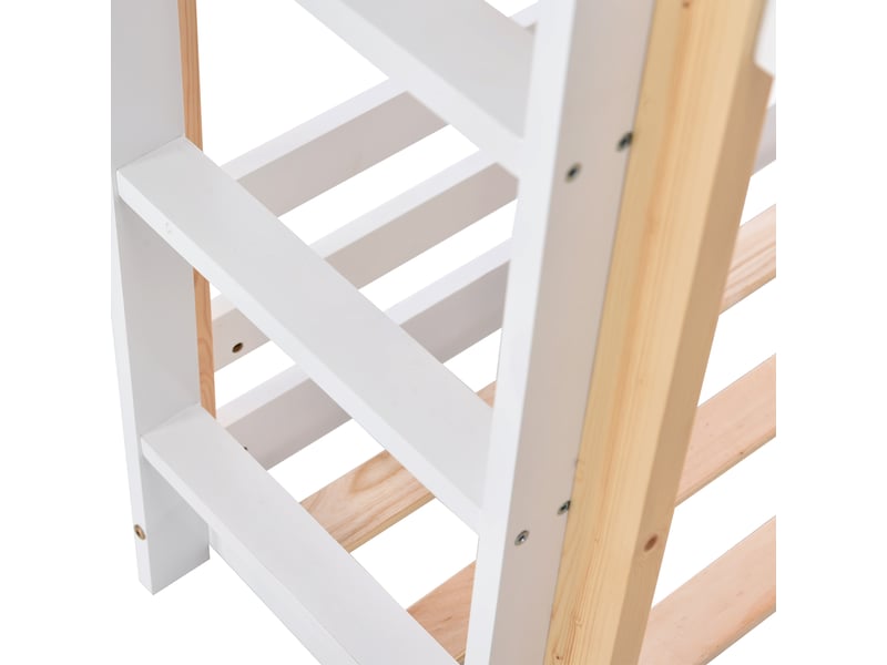  Lit superposé enfant 90x200 - lit cabane - tableau noir 110x27 cm - échelle - garde-corps - 2 sommiers à lattes - blanc et naturel  - Conforama D