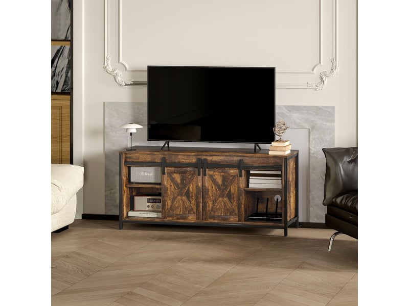  Meuble tv avec 2 portes, 6 niches, passage de câbles, pour salon, en contreplaqué et acier, 120×40×54 cm, marron  - Conforama C