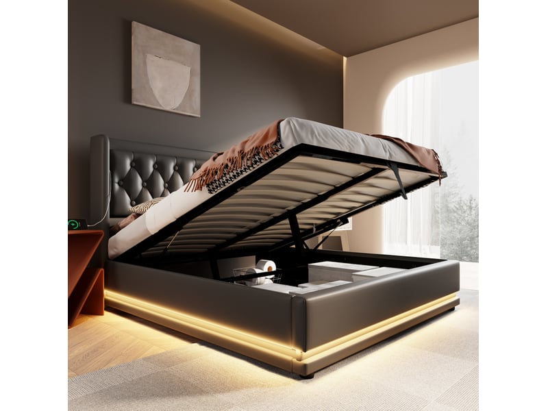  Lit double coffre hydraulique 180 x 200 cm avec led, usb-c et sommier, noir  - Conforama D