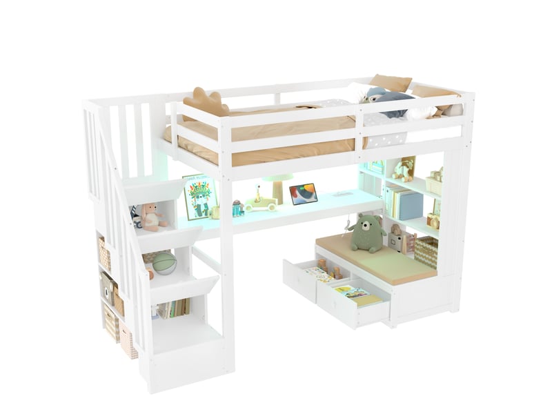  Lit mezzanine modenvie 90 x 200 cm avec bureau, étagères, escalier avec rangement, 2 tiroirs et éclairage led blanc  - Conforama A