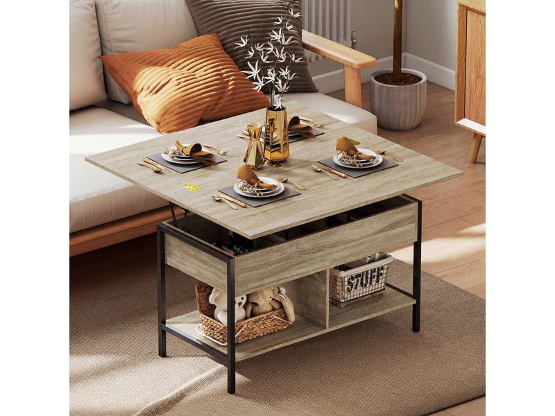  Table basse relevable et extensible, 98x49x55cm, table de salon avec compartiment caché étagères ouvertes, bois naturel  - Conforama A