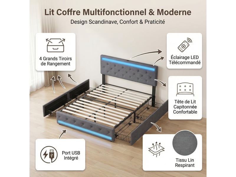  Lit adulte 180x200 cm avec 4 tiroirs, king size, led rgb, lit double capitonné avec tête de lit réglable, en lin, gris  - Conforama C