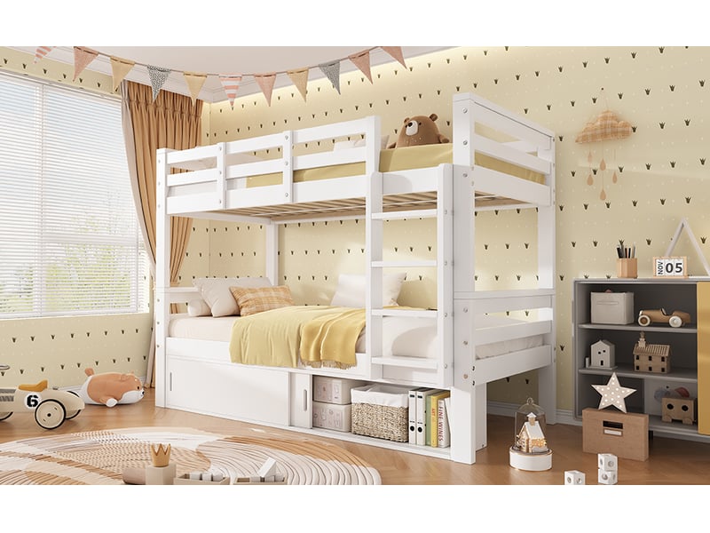  Lit superposé enfant blanc 2 x 90 x 200 cm séparable en deux lits, rangement à portes coulissantes, échelle et barrières  - Conforama B