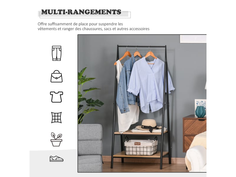  Portant à vêtements 2 étagères en mdf et acier bois clair et noir  - Conforama E