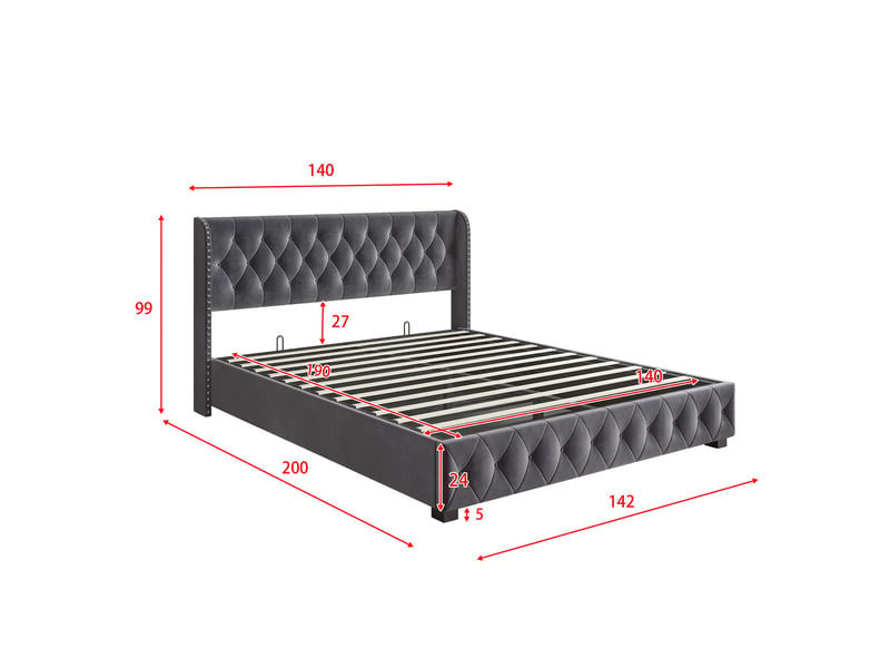  Lit coffre 140x190 cm, lit double avec sommier hydraulique relevable, tête de lit capitonnée à oreilles, rivets design classique, velours, gris foncé  - Conforama E