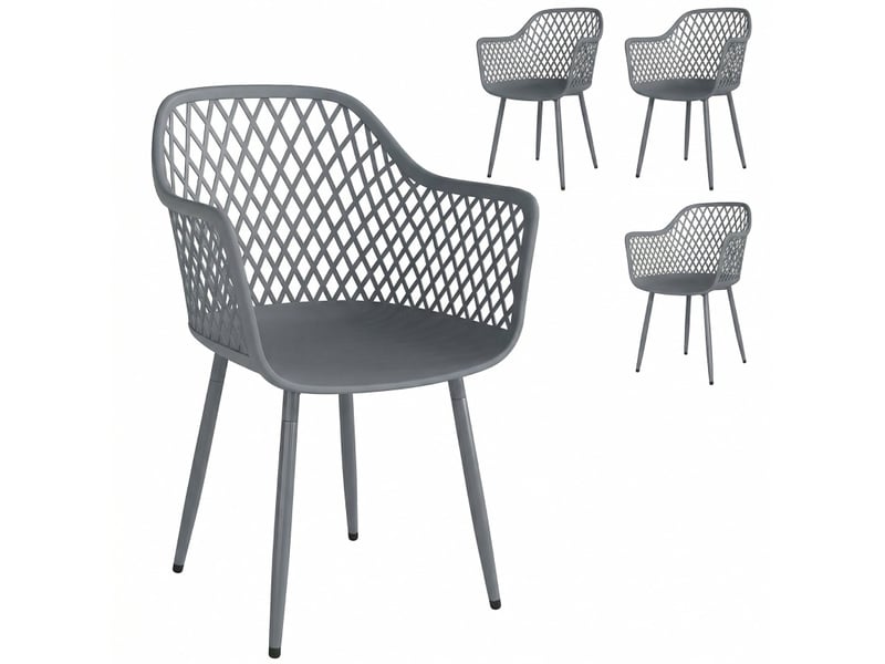 Lot de 4 chaises de jardin gris foncé en plastique avec pieds en métal, résistantes aux uv, avec accoudoirs - Conforama A