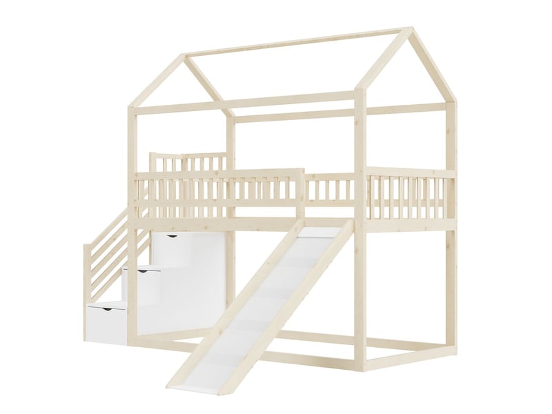  Lit mezzanine 90x200cm avec toboggan et escalier de rangement lit cabane enfant en bois massif naturel, barrière et sommier inclus  - Conforama C