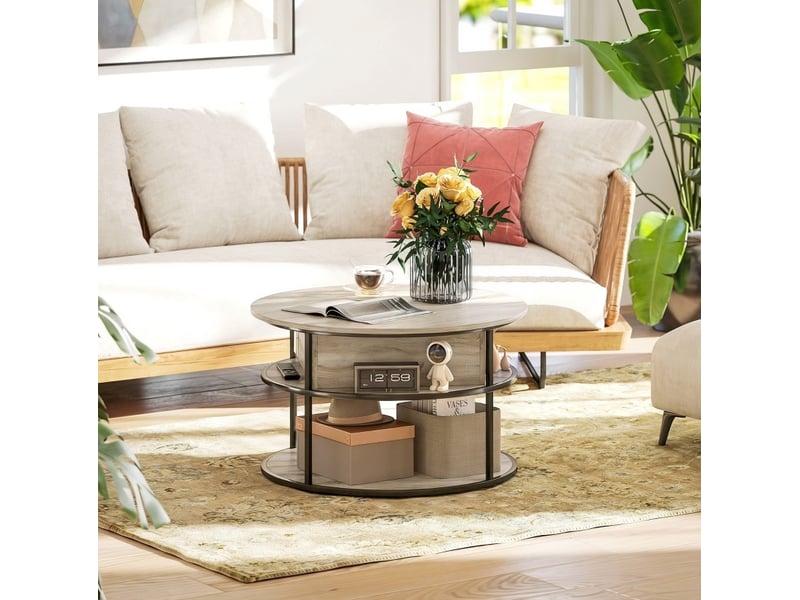  Table basse ronde coloris chêne à plateau relevable avec rangements - ø 80 x 47-61,5 cm  - Conforama C