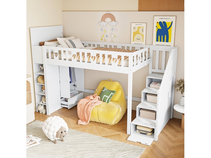 Lit mezzanine enfant 90x200 cm avec escalier de rangement et étagères blanc  - Conforama D