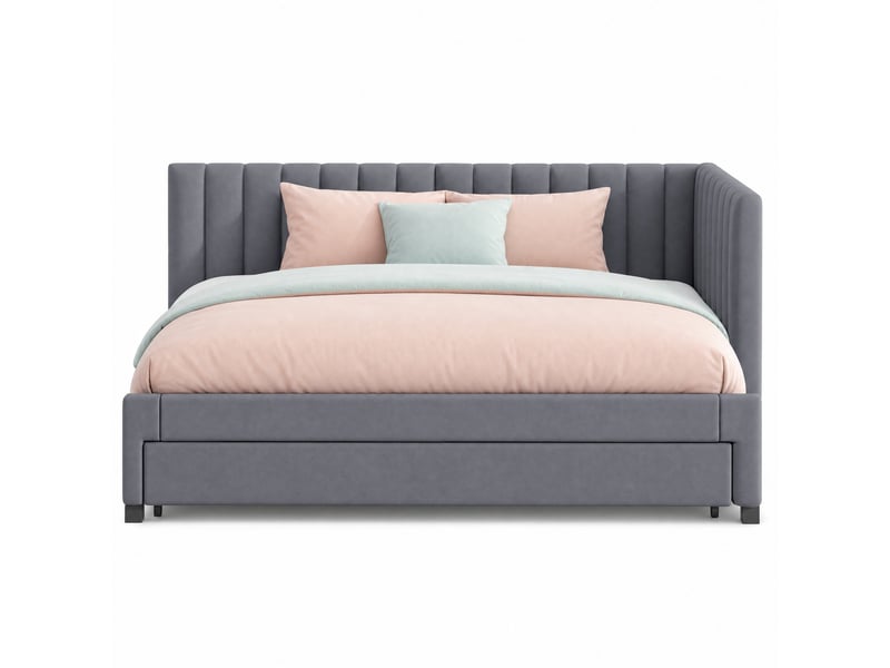  Lit banquette 200×90 cm avec couchage gigogne, sommier à lattes, sans matelas, en velours gris  - Conforama A