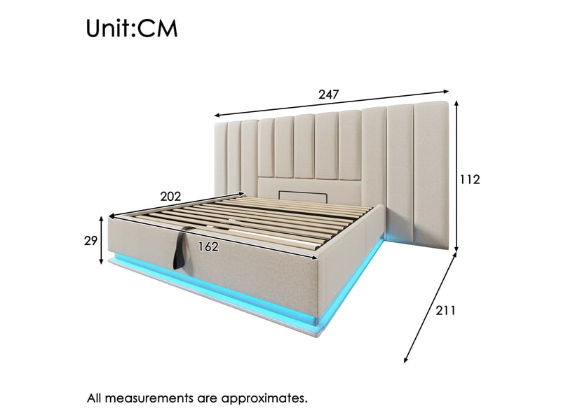  Lit coffre 160x200 cm avec led et charge usb-c, beige, sans matelas  - Conforama E