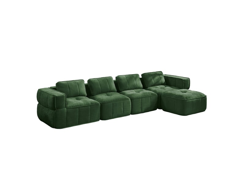  Canapé modulaire d'angle 4 places sans cadre avec pouf, assise profonde en mousse 32d, tissu polyester vert  - Conforama A