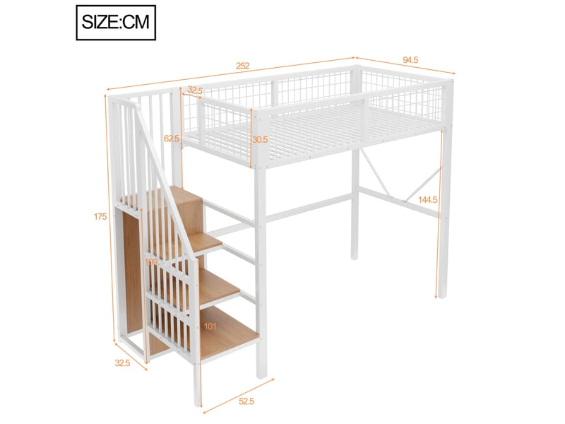  Lit mezzanine 90x200 cm avec escalier de rangement, led, cadre en métal couleur blanc sans matelas  - Conforama C
