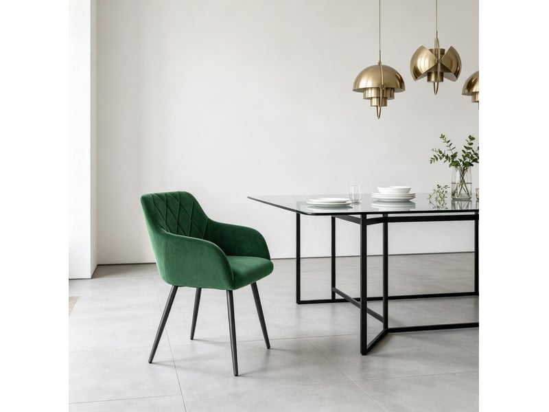  Chaise de salle à manger avec accoudoirs et assise rembourrée, dossier à losanges, en velours et métal vert foncé  - Conforama D