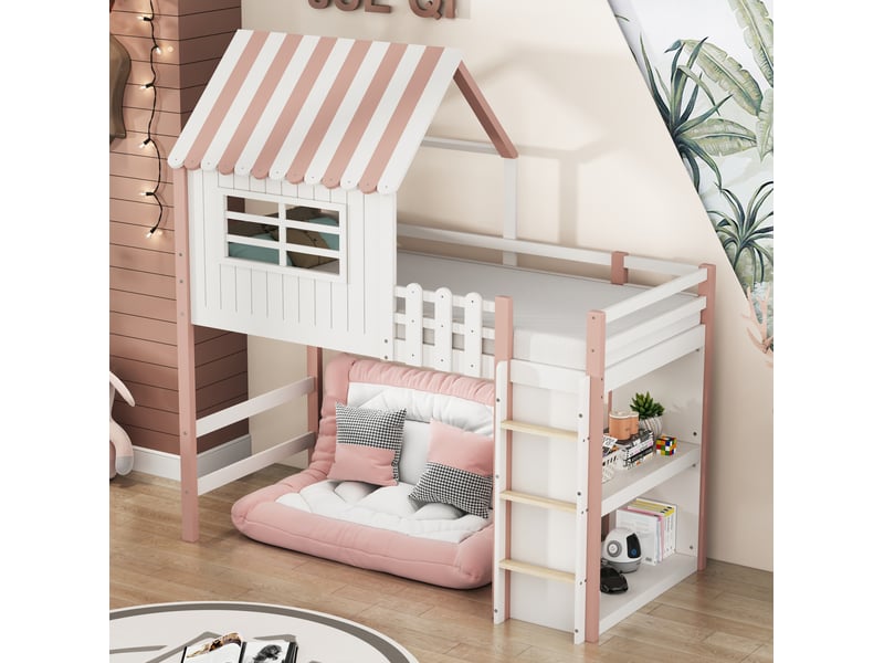  Lit enfant surélevé forme maison 90 x 200 cm rose avec échelle et sommier à lattes  - Conforama B