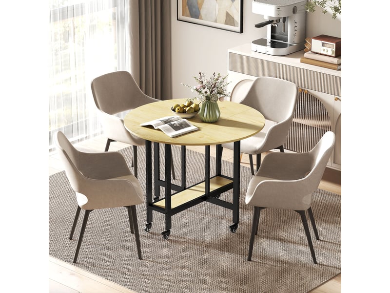 Table à manger pliante sur roulettes, table de cuisine pour 4 personnes avec étagère intégrée, 100 x 100 x 75 cm, chêne - Conforama D