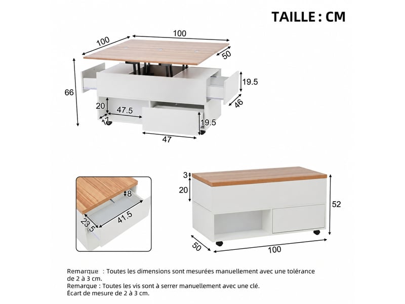 Table basse relevable et extensible, double plateau, 4 tiroirs, roulettes, blanc et effet chêne - Conforama D