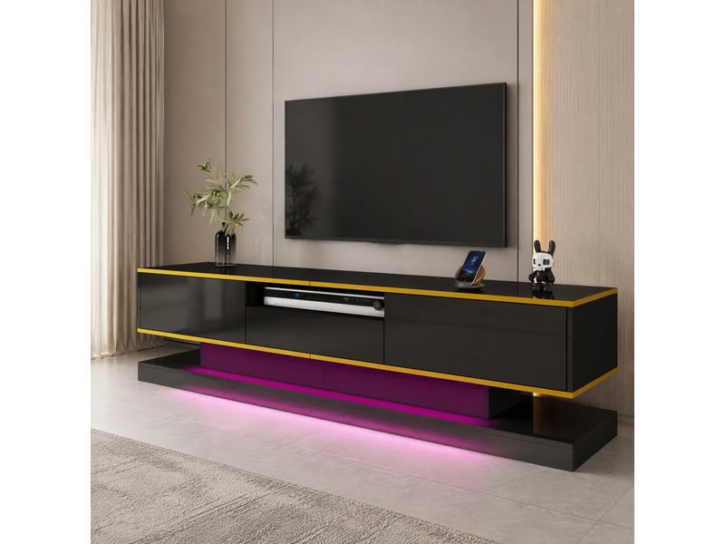  Meuble tv modenvie 180 x 38 x 45 cm 3 tiroirs niche ouverte led multicolore noir brillant doré  - Conforama B