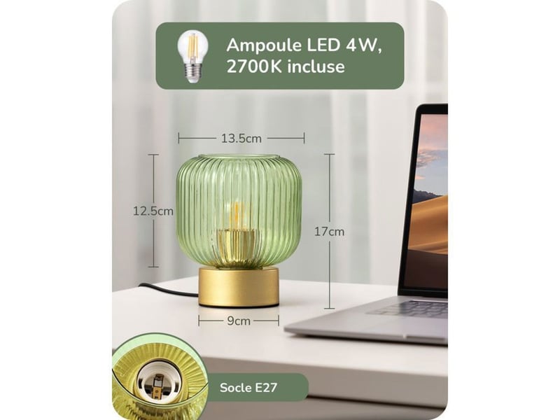  Lampe de table edishine t007 en verre vert cannelé et base métal doré e27 led 4w 2700k blanc chaud 370618_AACMB82075_6_DROPFR - Conforama D