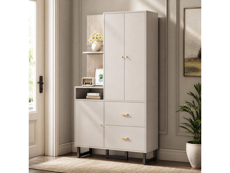 Meubles d'entrée avec penderie coulissante, 1 porte, 2 tiroirs et niches ouvertes pour couloir, 110 × 38 × 186 cm - Conforama B