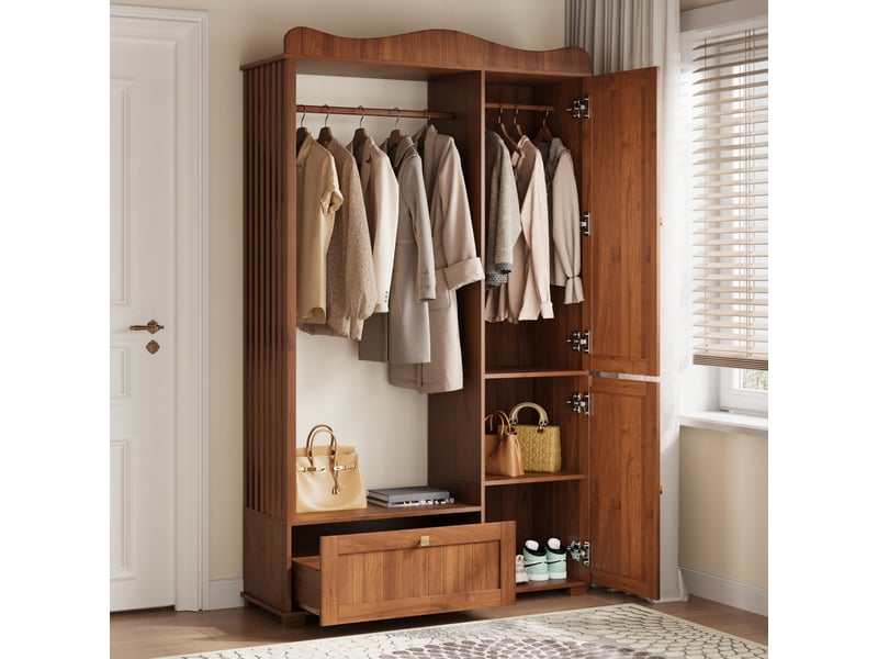 Armoire penderie ouverte avec miroir et 2 portes 1 tiroir, mdf noyer, 115,5x38,5x194,5 cm  - Conforama W