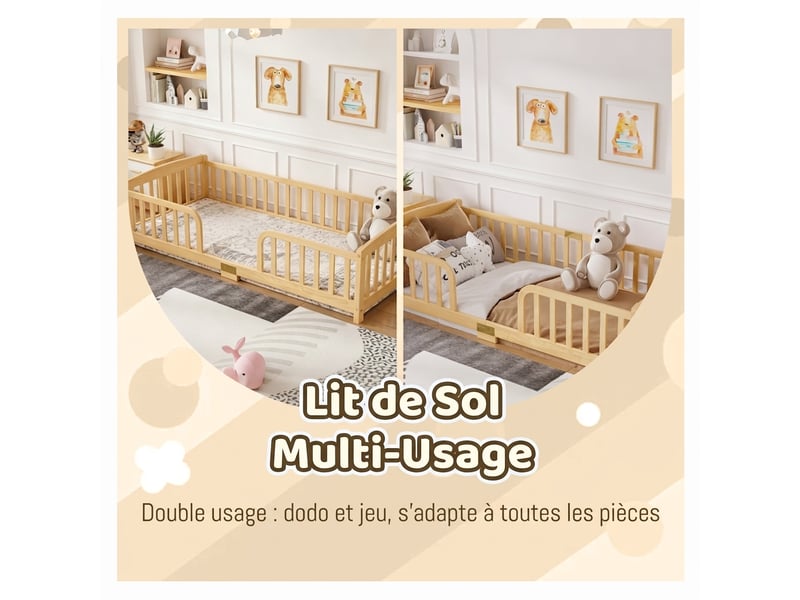  Lit enfant 90x200 cm au sol avec barrière de sécurité en bois de pin naturel - accès central sécurisé  - Conforama E