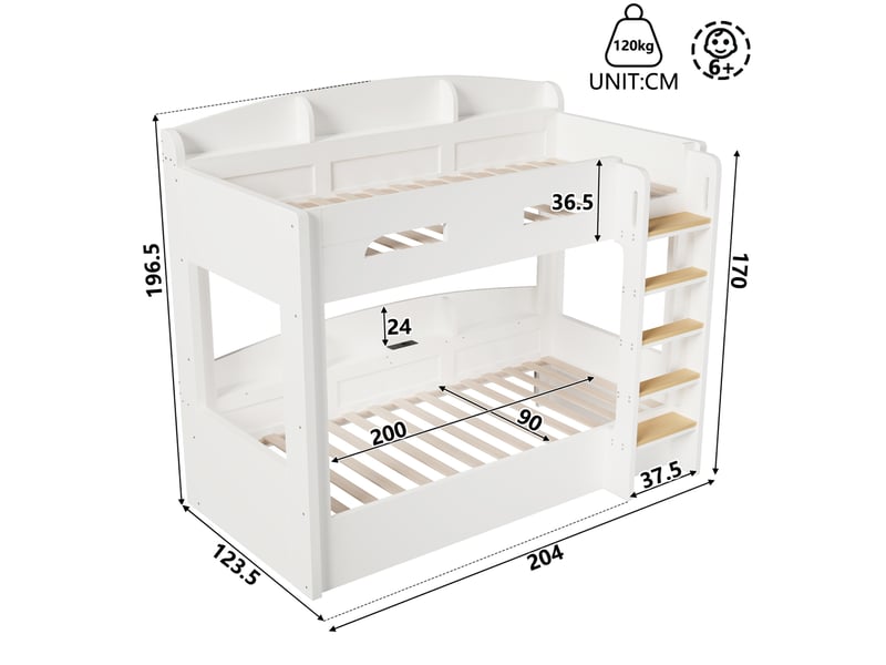  Lit superposé modenvie 90 x 200 cm avec prise usb et rangements latéraux en haut et en bas mdf et pin blanc  - Conforama C