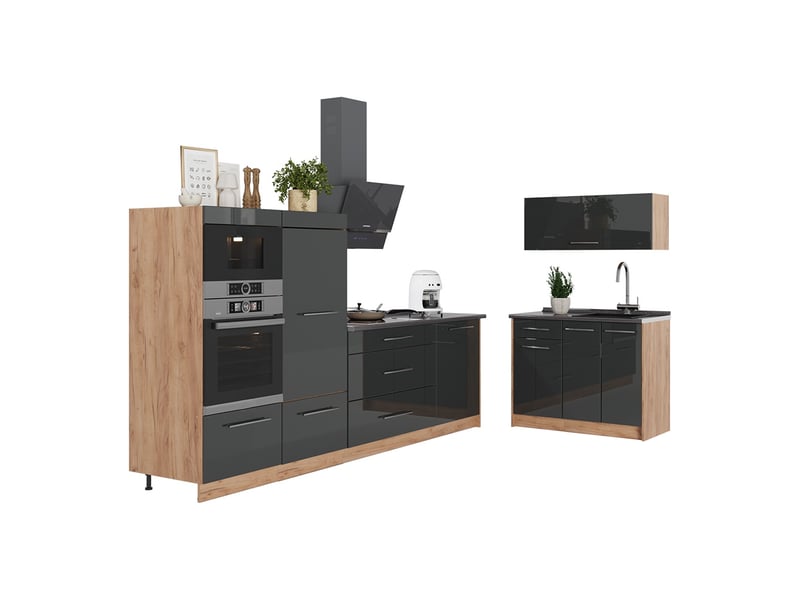 Vicco cuisine, anthracite haute brillancechêne de force doré, 380cm, pt anthracite - Conforama E