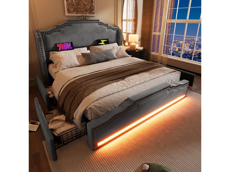  Lit double 140x200 en velours gris, 4 tiroirs, led et usb-c  - Conforama B