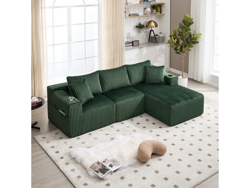 Canapé modulaire avec méridienne en velours côtelé doux 257 x 160 cm 5 coussins et porte-gobelets - Conforama D
