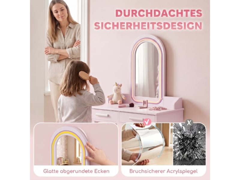 Coiffeuse enfant 2 en 1 avec tabouret, miroir led 3 lumières, 2 tiroirs, 3-8 ans - Conforama B