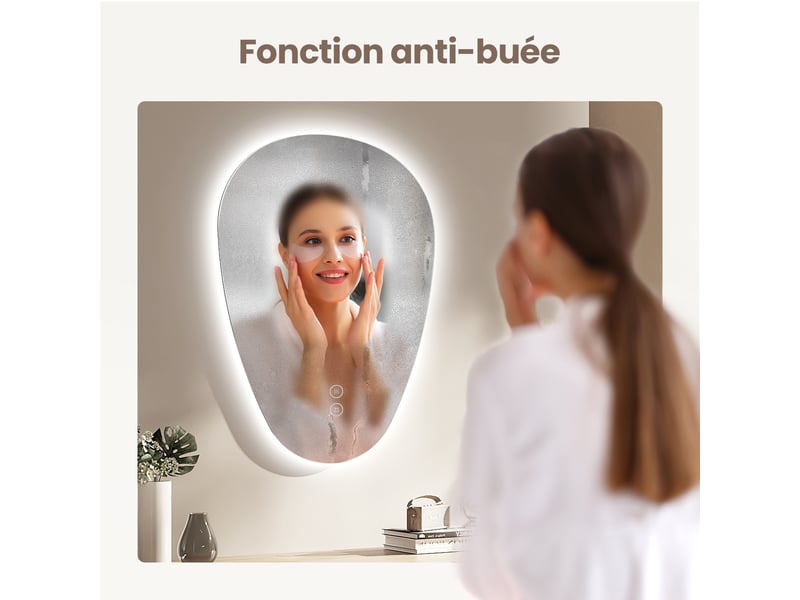  Miroir salle de bain led emke 70 x 50 cm, forme goutte, anti-buée, 3 températures, intensité réglable, tactile  - Conforama C