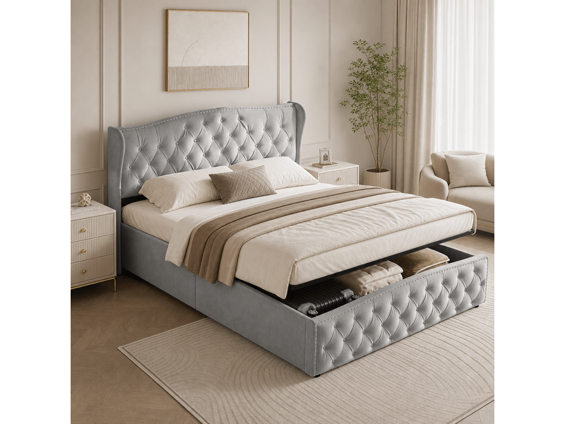  Lit double rembourré 160 x 200 cm avec espace de rangement, lit hydraulique avec sommier à lattes et tête de lit rembourrée, velours, gris 240626SM0302#ADdjMHWh23DELLM - Conforama C