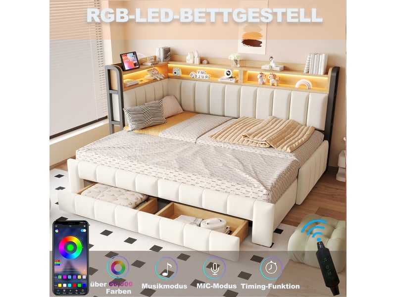  Canapé-lit 90180x200 cm, lit enfant, couchage d'appoint, tiroirs, couchage gigogne extensible, étagères, velours beige, led  - Conforama W