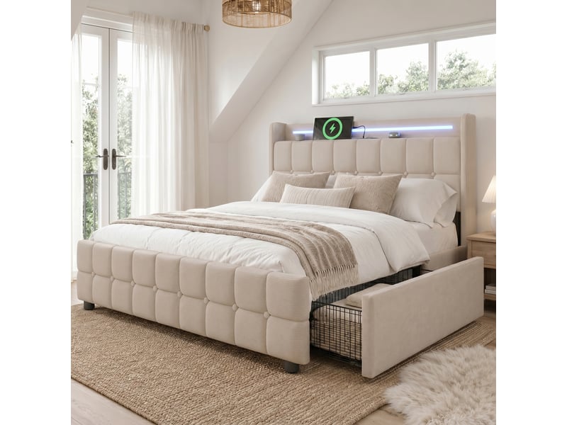  Lit rembourré 160x200 cm avec 4 tiroirs, lit adulte avec tête de lit led et prise intégrée, bois lin beige  - Conforama B