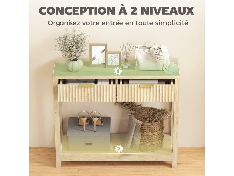  Console meuble 90 cm, table console étroite avec 2 tiroirs rainurés et étagère, bois naturel, style moderne  - Conforama D