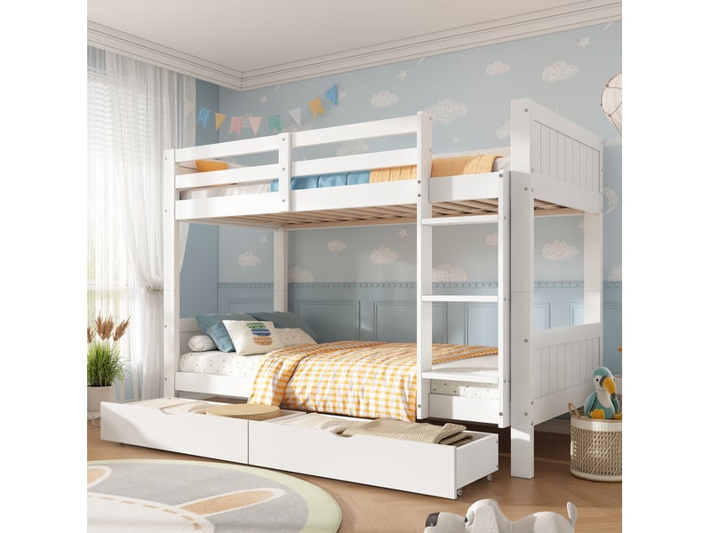  Lit superposé enfant 90x200 cm, séparable en 2 lits, 2 tiroirs, échelle, pin et mdf, blanc, sans matelas  - Conforama D