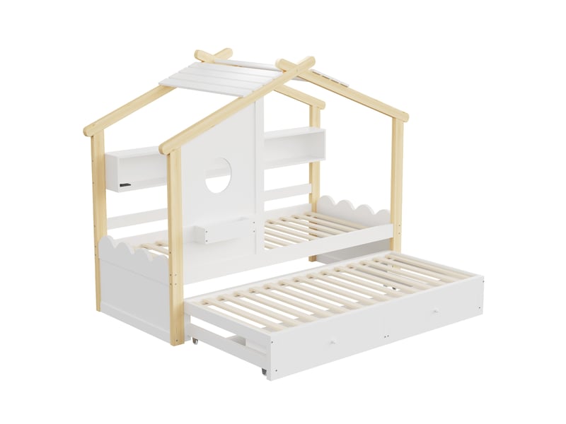  Lit enfant maison 90x200cm lit gigogne 90x190cm, 2 tiroirs, led, charge, style moderne, bois, blanc+naturel sans matelas  - Conforama W