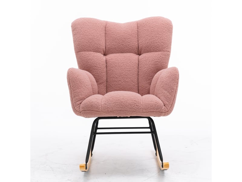  Fauteuil à bascule mid-century en tissu teddy capitonné, rose  - Conforama A