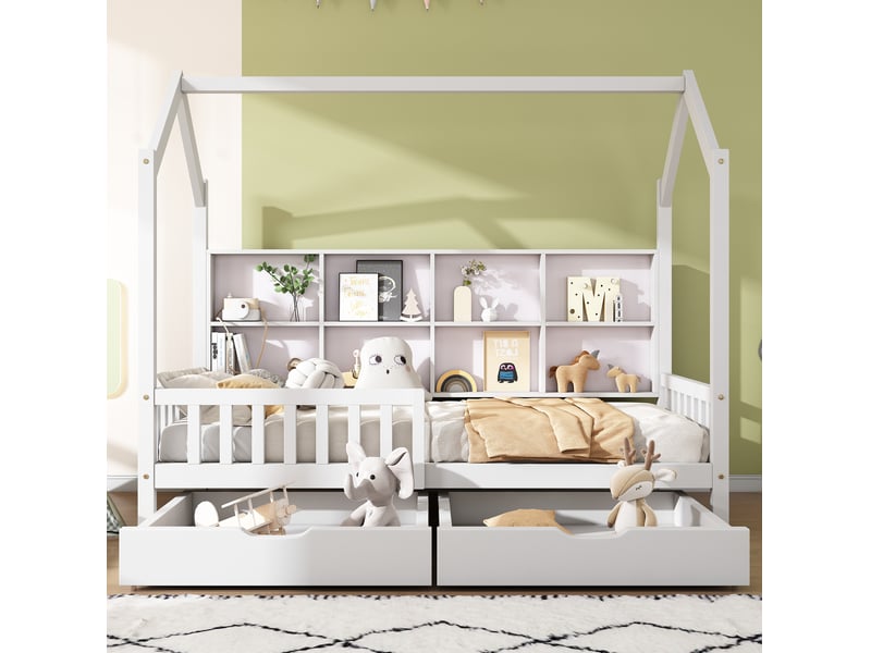  Lit enfant cabane 90x200 cm avec étagère, 2 tiroirs et barrières, blanc  - Conforama D