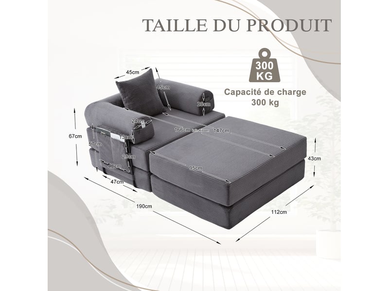 Canapé modulable 1 place avec repose-pieds en velours côtelé gris foncé - Conforama E