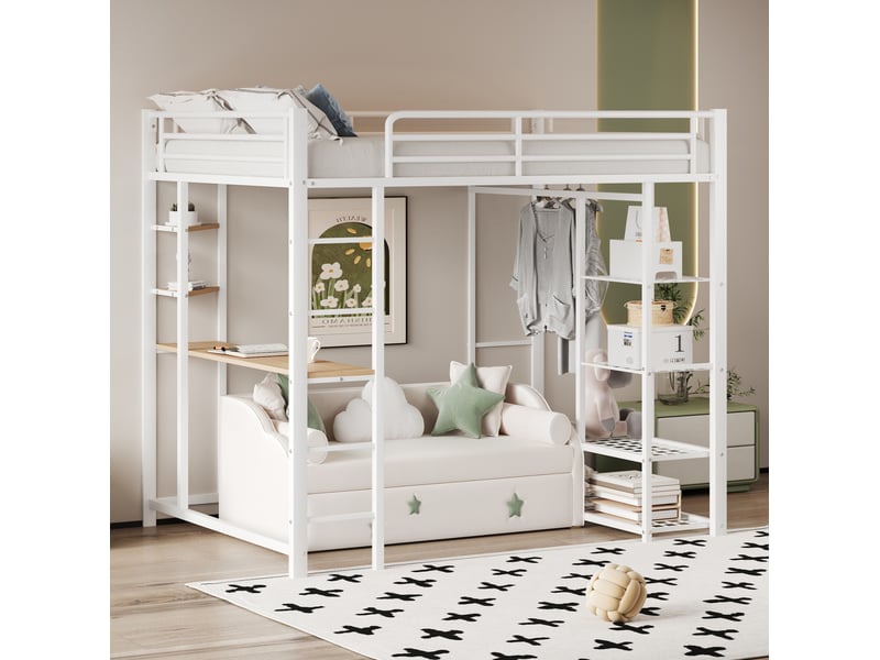  Lit mezzanine enfant 90 x 200 cm blanc avec bureau, étagères et penderie  - Conforama C
