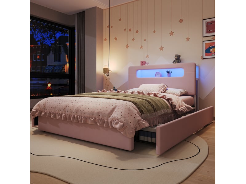  Lit enfant 140x200 cm avec 4 tiroirs latéraux et éclairage led contrôlé par application couleur rose sans matelas  - Conforama D