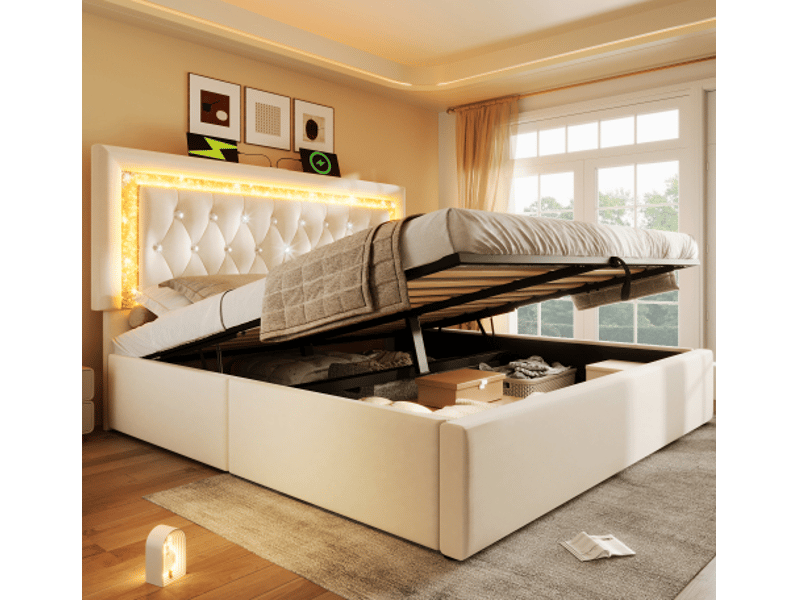  Lit coffre double 160×200 cm avec led réglable, usb et type-c - okmyhome- velours beige, matelas inclus  - Conforama B